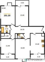 Планировка 4+ комнатной(квартира) площадью 101.2 квадратных метров в “ЖК Первый Лермонтовский”