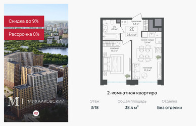 Планировка двухкомнатной(квартира) площадью 38.4 квадратных метров в “ЖК Михалковский”