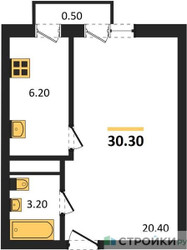 Планировка однокомнатной(квартира) площадью 30.3 квадратных метров в ЖК “ЖК Южная Долина”