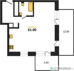 Планировка однокомнатной(апартаменты) площадью 61 квадратных метров в ЖК “ЖК ФизтехСити”