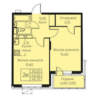 Планировка двухкомнатной(апартаменты) площадью 45.7 квадратных метров в “ЖК Кашинцево”