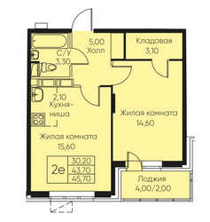 Планировка двухкомнатной(апартаменты) площадью 45.7 квадратных метров в ЖК “ЖК Кашинцево”