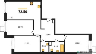 Планировка трехкомнатной(квартира) площадью 72.5 квадратных метров в “ЖК Никольский квартал Отрада”
