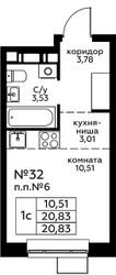 Планировка студии(квартира) площадью 20.83 квадратных метров в ЖК “Новоград Павлино”
