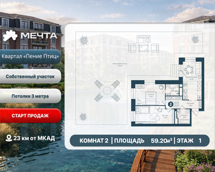 Планировка двухкомнатной(квартира) площадью 59.2 квадратных метров в ЖК “ЖК Мечта”