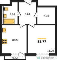 Планировка однокомнатной(квартира) площадью 35.77 квадратных метров в “ЖК Мытищи Парк”