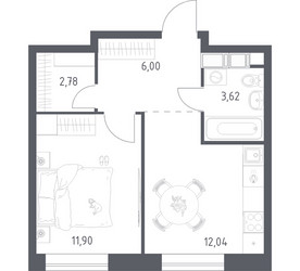 Планировка однокомнатной(квартира) площадью 36.34 квадратных метров в ЖК “ЖК Цветочные Поляны”