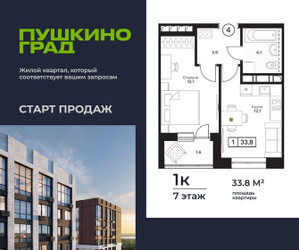 Планировка однокомнатной(квартира) площадью 33.8 квадратных метров в ЖК “ЖК Пушкино Град”