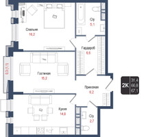 Планировка двухкомнатной(квартира) площадью 66.8 квадратных метров в “ЖК КИНОКВАРТАЛ”