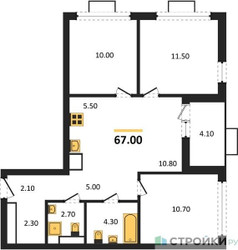 Планировка трехкомнатной(квартира) площадью 67 квадратных метров в ЖК “ЖК Бунинские кварталы”