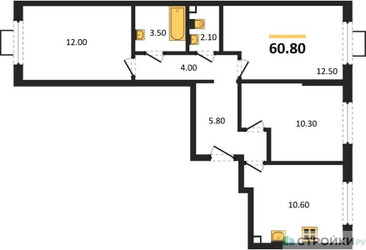 Планировка трехкомнатной(квартира) площадью 60.8 квадратных метров в ЖК “ЖК Лучи-2”