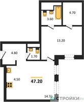 Планировка однокомнатной(квартира) площадью 48.8 квадратных метров в “ЖК Новая Щербинка”