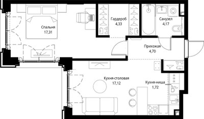 Планировка однокомнатной(квартира) площадью 49.35 квадратных метров в ЖК “ЖК Сити Бэй”