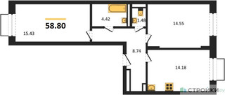 Планировка двухкомнатной(квартира) площадью 58.8 квадратных метров в “ЖК Квартал Строгино”