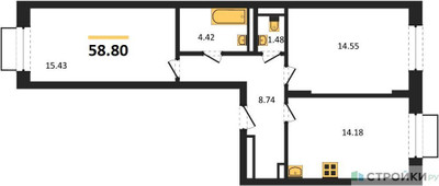 Планировка двухкомнатной(квартира) площадью 58.8 квадратных метров в ЖК “ЖК Квартал Строгино”