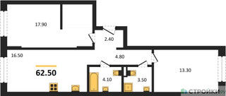 Планировка двухкомнатной(квартира) площадью 62.5 квадратных метров в “ЖК "Коллекция"”