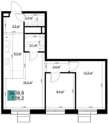 Планировка трехкомнатной(квартира) площадью 58.1 квадратных метров в ЖК “ЖК Одинцово Сити”