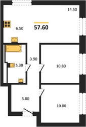 Планировка двухкомнатной(квартира) площадью 57.6 квадратных метров в ЖК “ЖК Квартал Метроном”