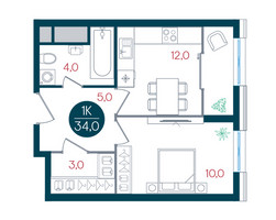 Планировка однокомнатной(квартира) площадью 34 квадратных метров в “ЖК РУСИЧ-Кантемировский”