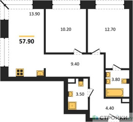 Планировка двухкомнатной(квартира) площадью 57.9 квадратных метров в ЖК “ЖК Portland (Портланд)”