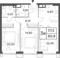 Планировка трехкомнатной(квартира) площадью 80.9 квадратных метров в “ЖК Will Towers (Вилл Тауэрс)”