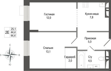 Планировка двухкомнатной(квартира) площадью 44.4 квадратных метров в ЖК “ЖК КИНОКВАРТАЛ”