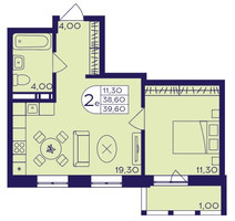 Планировка двухкомнатной(квартира) площадью 39.6 квадратных метров в “ЖК Героев”