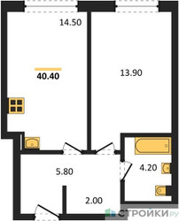 Планировка однокомнатной(квартира) площадью 40.3 квадратных метров в ЖК “ЖК Сиреневый парк”