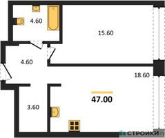 Планировка однокомнатной(квартира) площадью 47 квадратных метров в “ЖК Шагал”