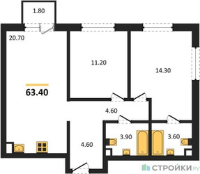 Планировка двухкомнатной(квартира) площадью 63.4 квадратных метров в ЖК “ЖК Шагал”