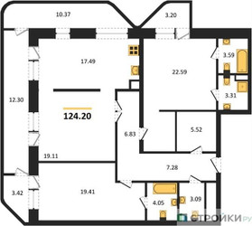 Планировка трехкомнатной(квартира) площадью 124.2 квадратных метров в ЖК “Квартал Foriver”