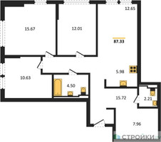 Планировка трехкомнатной(квартира) площадью 87.33 квадратных метров в “ЖК Остафьево”