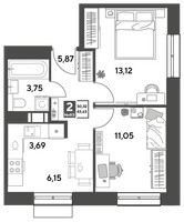 Планировка двухкомнатной(квартира) площадью 43.87 квадратных метров в “ЖК Публицист”
