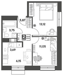 Планировка двухкомнатной(квартира) площадью 43.87 квадратных метров в ЖК “ЖК Публицист”