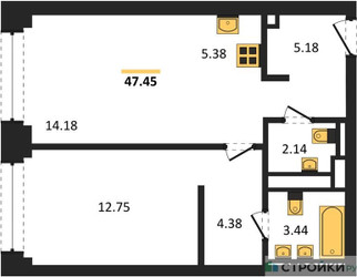 Планировка однокомнатной(квартира) площадью 47.45 квадратных метров в ЖК “ЖК NOVA (Нова)”