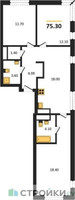 Планировка трехкомнатной(квартира) площадью 75.3 квадратных метров в “ЖК Детали”