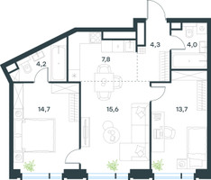 Планировка трехкомнатной(квартира) площадью 64.6 квадратных метров в “ЖК Левел Академическая”