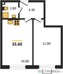 Планировка однокомнатной(квартира) площадью 33.6 квадратных метров в ЖК “ЖК Лучи-2”