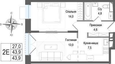 Планировка двухкомнатной(квартира) площадью 43.9 квадратных метров в ЖК “ЖК КИНОКВАРТАЛ”