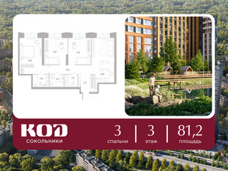 Планировка трехкомнатной(квартира) площадью 81.2 квадратных метров в ЖК “ЖК КОД Сокольники”