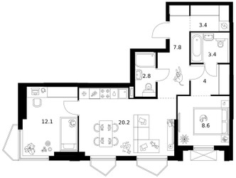 Планировка двухкомнатной(квартира) площадью 62.3 квадратных метров в ЖК “ЖК Мичуринский Парк”