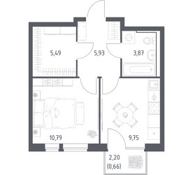 Планировка однокомнатной(квартира) площадью 36.49 квадратных метров в ЖК “ЖК Квартал Авиаторов”