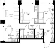 Планировка двухкомнатной(квартира) площадью 61.16 квадратных метров в “ЖК СЕТ”