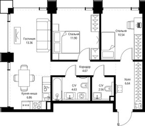 Планировка двухкомнатной(квартира) площадью 61.16 квадратных метров в ЖК “ЖК СЕТ”
