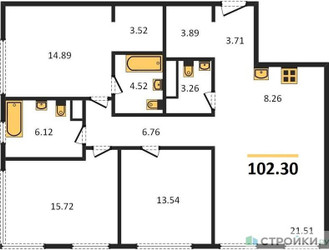 Планировка трехкомнатной(квартира) площадью 102.3 квадратных метров в ЖК “ЖК Собрание клубных домов West Garden (Вест Гарден)”