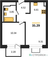 Планировка однокомнатной(квартира) площадью 35.29 квадратных метров в “ЖК Богдановский Лес”