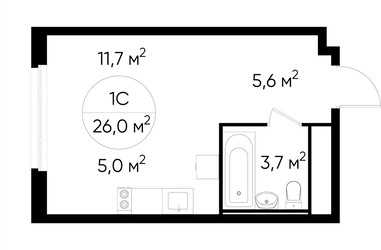 Планировка студии(квартира) площадью 26 квадратных метров в ЖК “ЖК Переделкино Ближнее”