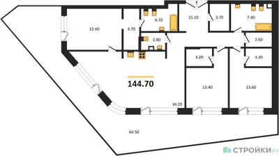 Планировка трехкомнатной(квартира) площадью 144.7 квадратных метров в ЖК “ЖК Дом XXII (Дом 22)”