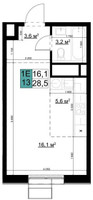 Планировка студии(квартира) площадью 28.5 квадратных метров в “ЖК Одинцово Сити”