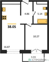 Планировка однокомнатной(квартира) площадью 38.05 квадратных метров в “ЖК Одинбург”